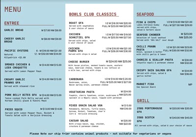 Lakes Entrance Bowl Club summer dinner menu